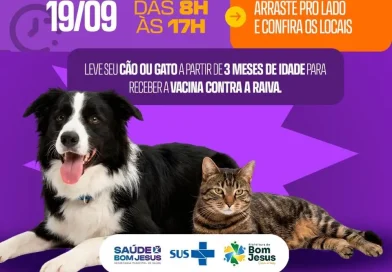 Bom Jesus realiza vacinação antirrábica para cães e gatos neste sábado (19)
