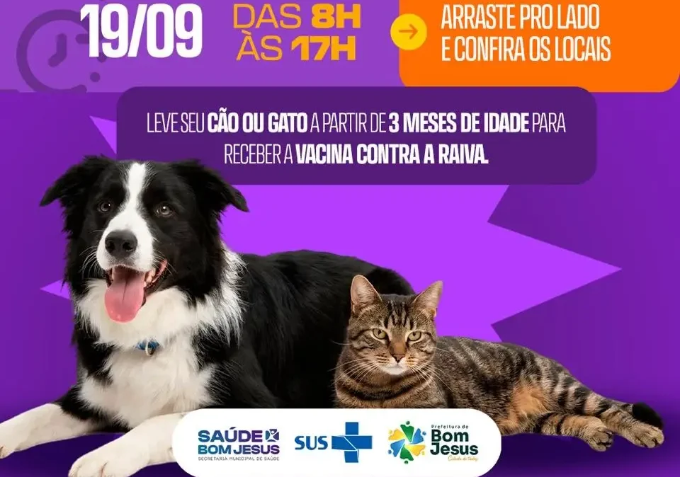 Bom Jesus realiza vacinação antirrábica para cães e gatos neste sábado (19)